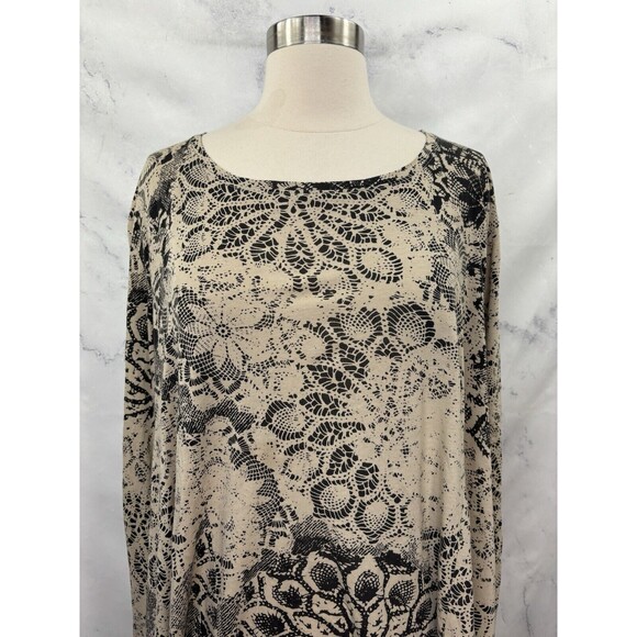 Peruvian Connection Tunic Swing Blouse Top L Boho Tan Black Lace Mandala Artsy - Picture 7 of 15
